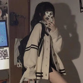 Striped Loose Cardigan Women Y2K Vintage Autumn Winter Single Breasted Sweater Streetwear Casual Korean Female Knitted Coat