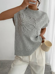 Elegant 3D floral pattern round neck knitted sweater vest for women's clothing