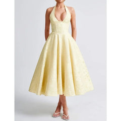 Elegant Sexy Evening Party Dresses Women Korean Style Halter V-neck Dress Sweet Backless Yellow Summer Solid Midi Dress