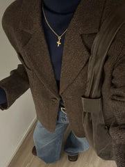 Retro Faux Woolen Blazer Coat Women Harajuku Long Sleeve Fall Winter Y2K Jacket Streetwear American Casual Lady Suit Coat