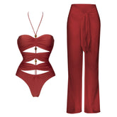 Red Diamond Swimsuit With Beach Pant Sexy Bikini Women Bandeau Biquini Female Push Up Swimwear Vacation Wear Bathing Suit Outfit