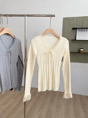 Long Sleeves Knit Top with Lace Trim Bow Front Solid Cute Bodycon Fitted T-Shirt Teen-girl Y2K Fairycore Clothes Spring Autumn