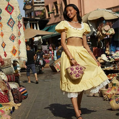 French Lace Patchwork Square Collar Top And Long Skirt Women Set Yellow Plaid Puff Sleeve T-shirt + Skirts Sweet Summer Outfits