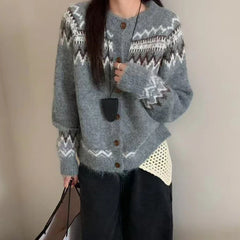 Fair Isle Sweater Cardigan Women Long Sleeve Button-Up Crewneck Knitted Jacket Cardi Female Knitwear Fall Winter Vintage Outfit