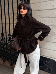 Elegant Women's Belt Suede Jackets Lace Up Lapel One Button Long Sleeve Coat 2025 Autumn Lady Vintage Loose Street Outwearrs