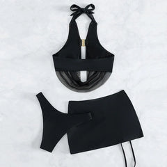 3 Piece Solid Halter Bikini Women Sexy Swimsuit & Beach Skirt Black Swimwear Bathers Bathing Swimming Suit Female Beachwear