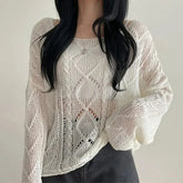Long Sleeve Crochet Top Cable Knit Summer Beach Bikini Cover Up Crop Pullover Openwork Blouse Women Vacation Boho Outfit