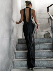 Deep V neck Ribbon Slit Dress For Women Sexy Halter Backless Evening Party Maxi Dress High Street Slim Elegant Summer New