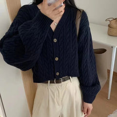 Cable Knit Cardigan for Women Long Sleeve Button-up Box-fit Crop Sweater Jacket Autumn Winter Teen-girl Y2K 90s Outfit