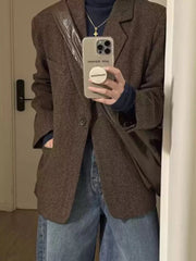 Retro Faux Woolen Blazer Coat Women Harajuku Long Sleeve Fall Winter Y2K Jacket Streetwear American Casual Lady Suit Coat