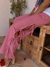 Pbong Women Plaid Wide Leg Pants Side Tie-Up Hollow-Out Loose Straight Trousers Bottoms Spring Summer Fashion Casual Sweatpants