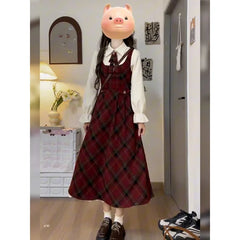 Pbong Single Piece School Style Japanese Plaid Strap Dress Women Student Waist Cinching Slimming Midi Length Overalls Skirt Set