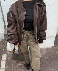 Fashion Patchwork Lapel Long Sleeve Coats Women Vintage Red Zipper Pu Leather Jacket Autumn Winter Female Casual Outerwear