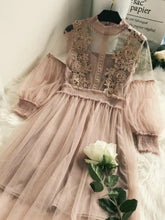New Women Party Lace Flower Dress Gauze Lantern Sleeve Voile Long Dress Female Retro Hook Princess Dress 2 Piece Set