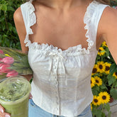 Vintage Y2K Sweet Ruffles White Tank Tops Single-Breasted Slim Cute Fairy Eyelet Tops Women 2024 Ladies Chic Camisole Clothes