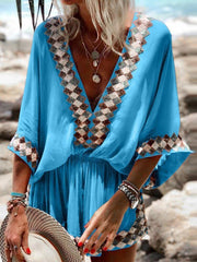 Women Casual Chic Shorts Overalls Sexy V Neck Solid Boho Jumpsuits Summer Elegant Loose 3/4 Sleeve Ladies Beach Jumpsuit