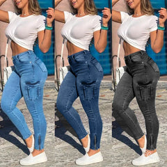Pbong Slim Fit Women's Workwear Pants Jeans Capri Sexy Trendy New Style High Waist Straight Leg Blue Denim Trousers