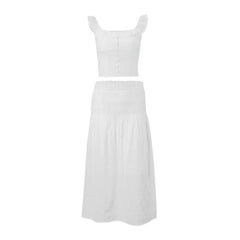 2 Piece Skirt Sets Summer New Sexy Suspenders Long Skirts For Women Fashion Crop Top Outfits Beach Vacation Pleated Y2k Clothes