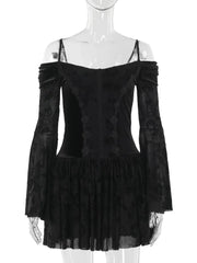 Goth Black Lace Flocking Off-Shoulder Flared Sleeve Party Dresses Y2K Vintage Velvet Patchwork A-Line Mini Dress Women