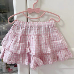 Japanese Style Kawaii Mini Skirt Women Sweet Harajuku Lolita Plaid Skirts Pink Y2k Cutecore Summer A-line Ruffle Skirts