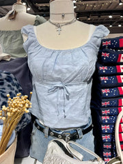 Blue Lace-up Slim T-Shirts Women Summer Casual Cotton Scoop Neck Short Sleeve Lace Trim Crop Top Sweet Cute Cropped Tee Shirts