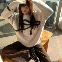 Elegant Bow Sweaters Women Vintage Y2k Knitted Pullovers Autumn Winter Loose Long Sleeve Aesthetics Streetwear Jumpers