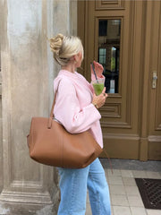 Sweet Pink Knit Sweater For Women Oversized Solid Crew Neck Long Sleeve Pullover Sweaters Female Fashion High Street Jumpers
