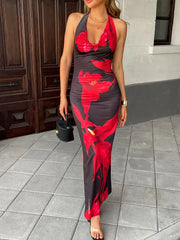 Women Neck-Mounted Maxi Dresses Summer New Streetwear Fashion Lace-up Dress Red Sexy Lady Print Backless Low Chest V-Neck Dress