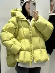 Women Korean-Style Hooded Glossy Cotton Coat Zipper Pocket Long-Sleeve Warm Parka for Autumn Versatile Outerwear Casual New