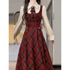 Pbong Single Piece School Style Japanese Plaid Strap Dress Women Student Waist Cinching Slimming Midi Length Overalls Skirt Set