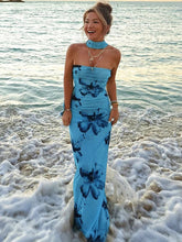 Fashion Print Ribbon Strapless Dress For Women Slim Halter Neck Elegant Long Dress Summer Fashion Vacation Ladies Dress