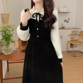 Pbong Plus Size Slimming French Style Midi Dress Fake Two-Piece Long Sleeve Autumn Winter New Arrival Waist-Cinching for Short Women