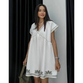 Boho Casual V-neck Short Dress 2025 New Plant Embroidery Loose Fashion Women Dress Vacation Beach Summer Female Clothing