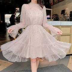 New Arrivals Summer Women Lace Dress Sequined Appliques A-line Mesh Patchwork Solid Dress Fairy Long Sleeves Knee-length Dress