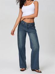 Women's Denim Pants Low Waist Wide Leg Trousers with Pockets Spring Summer Casual Loose Jeans