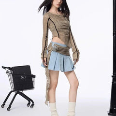 2000s Aesthetic Vintage T-shirts Women Sexy Y2k Punk Gyaru Long Sleeve Crop Streetwear Asymmetrical Top Slash Neck Tee