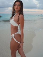 Sexy Crochet 2 Piece Set Women Hollow Swimsuit Halter Mini Camisole+Bandage Panties Matching Club Beach Vacation Suit