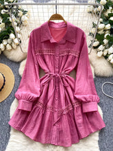Gentle Korean Shirt Dress Female Single Breasted Lace Spliced Fashion Long Sleeve Women A Line Solid Autumn Chic Dress