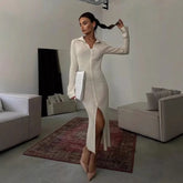 Turn Down Collar Button Ribbed Knitting Long Dress Tight Slit Women Dress Spring Autumn Solid Color Basic Simple Dresses
