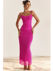 Lace Mesh Sexy Spaghetti Strap Maxi Dress For Women Spring Summer New Sleeveless Backless Bodycon Party Long Dress