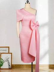 Women Pink Dress One Shoulder with Bowtie Waist Belt Party Christmas Elegant Slim Birthday African Event Celebrate Occasion New Pbong mid size graduation outfit romantic style teen swag clean girl ideas 90s latina aesthetic