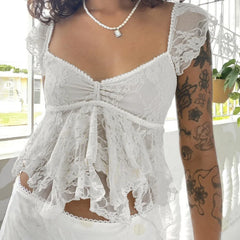 Fairy Coquette Tank Top y2k Women Sheer See Through V Neck Sleeveless Double Layered T Shirt Lace Vest Club Streetwear