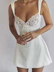 Elegant Women's Dresses for Party White Satin Dress Vintage Lace Dress Sexy Wedding Guest Cocktail Night Dress High Quality