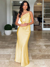 Satin Diagonal Collar Backless Maxi Dress For Women Robe Summer New Sleeveless Bodycon Club Party Sexy Long Dress