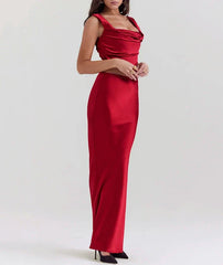 Satin Elegant Skirt Two Piece Set Women Sleeveless Backless Crop Tops And Long Skirt Ladies Club Party Sexy Skirt Set