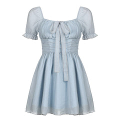 Folds A-Line Square Collar Puff-Sleeve Dress