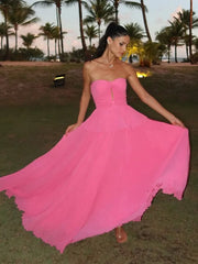 Women Pink Pleated Puff Hem Maxi Dress Sexy Backless Sleeveless Strapless High Waist Long Dresses Elegant Evening Party Robes
