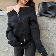 Women's Off-the-Shoulder Sweater Cardigan Zip Up Knitted Off Shoulder Sweater Jacket Teen-girl Fall Winter Y2K Outfit