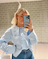 100% Cotton Striped Lace Up Women Shirts Elegant Flare Sleeve Embroidery Lapel Female Blouses Spring Summer Casual Lady Top