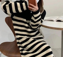 Korean Chic Big Lapel Zipper Stripe Mid Length Knit Dress Autumn Winter Pullover Long Sleeve Loose Warm Women Dress New